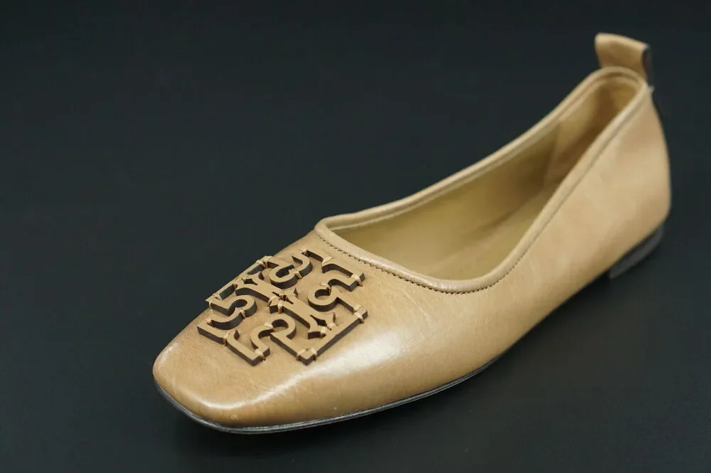 Tory Burch Ines Ballet Flat Leather Size 7.5 Square Toe Logo Tan Almond Rare